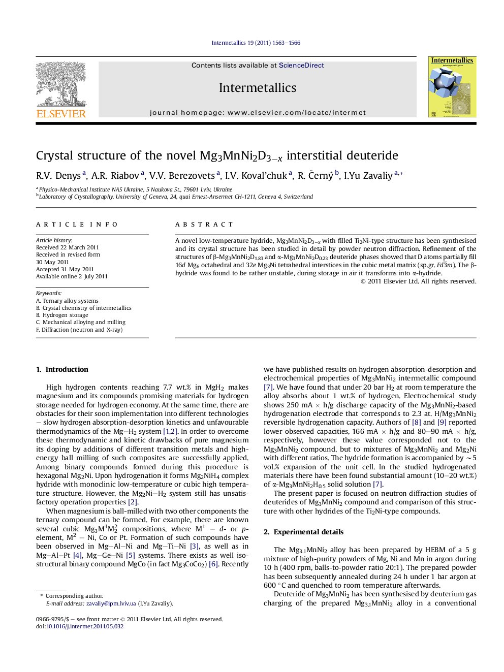 Crystal structure of the novel Mg3MnNi2D3âx interstitial deuteride