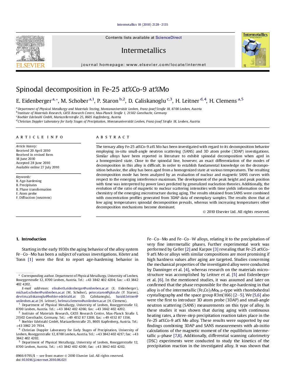 Spinodal decomposition in Fe-25Â at%Co-9Â at%Mo