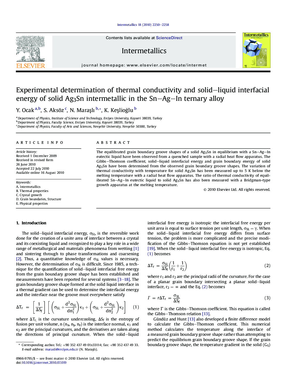 Experimental determination of thermal conductivity and solid-liquid interfacial energy of solid Ag3Sn intermetallic in the Sn-Ag-In ternary alloy