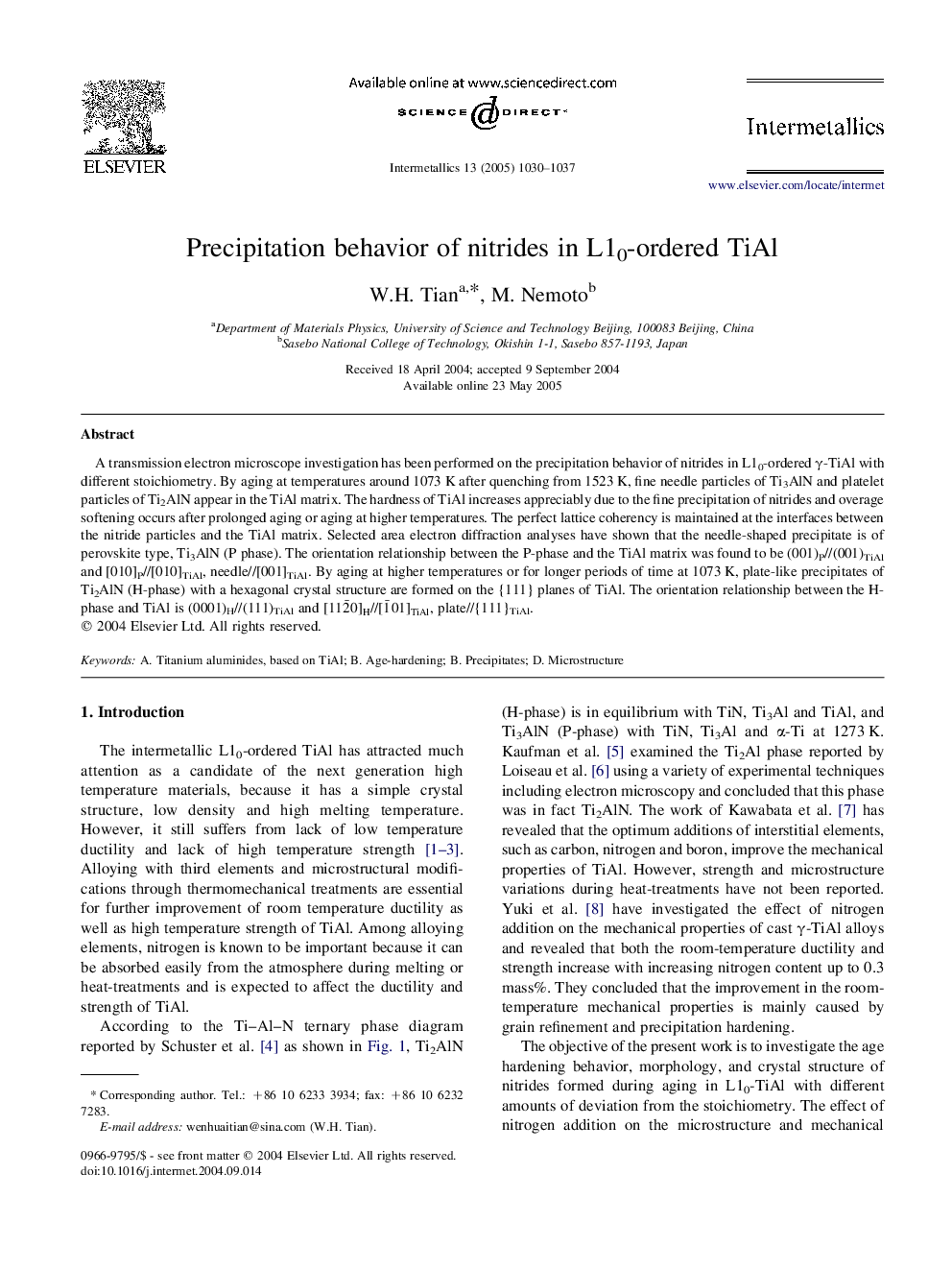 Precipitation behavior of nitrides in L10-ordered TiAl
