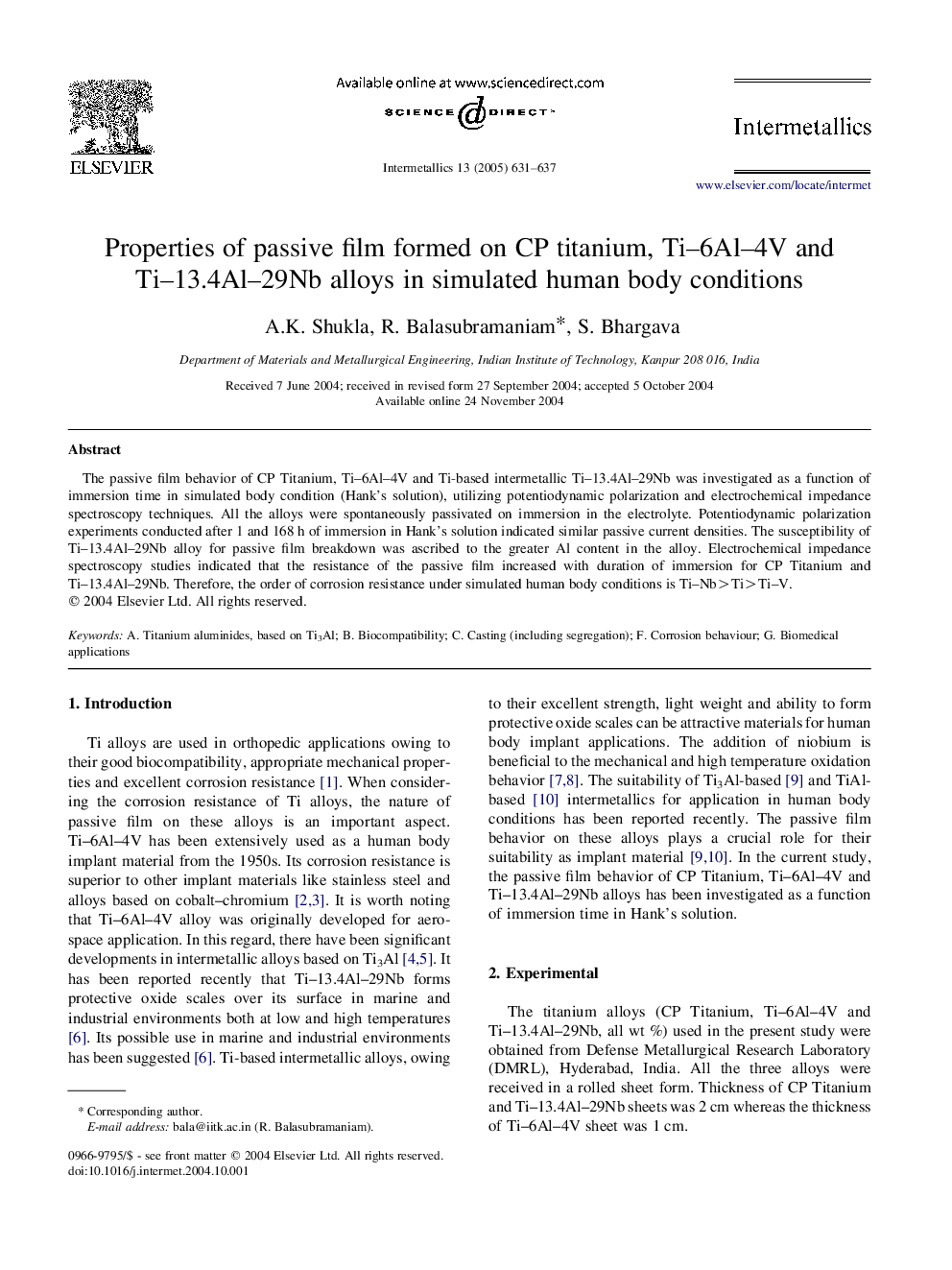 Properties of passive film formed on CP titanium, Ti-6Al-4V and Ti-13.4Al-29Nb alloys in simulated human body conditions