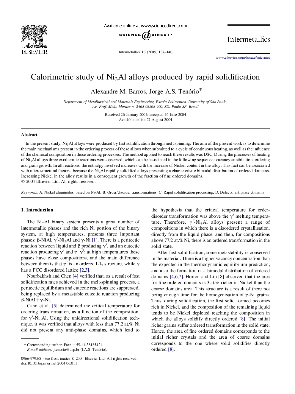 Calorimetric study of Ni3Al alloys produced by rapid solidification