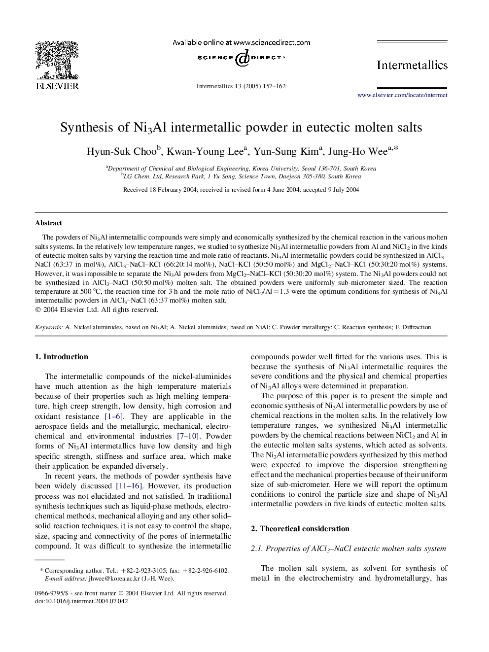 Synthesis of Ni3Al intermetallic powder in eutectic molten salts