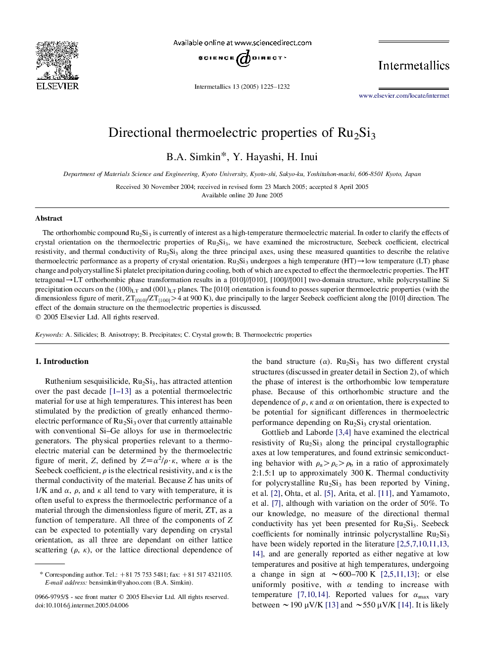 Directional thermoelectric properties of Ru2Si3