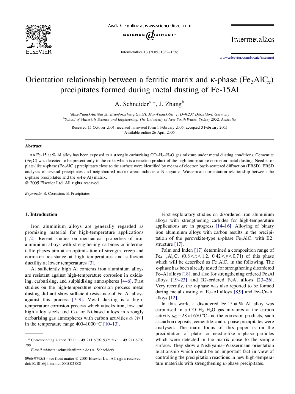 Orientation relationship between a ferritic matrix and Îº-phase (Fe3AlCx) precipitates formed during metal dusting of Fe-15Al