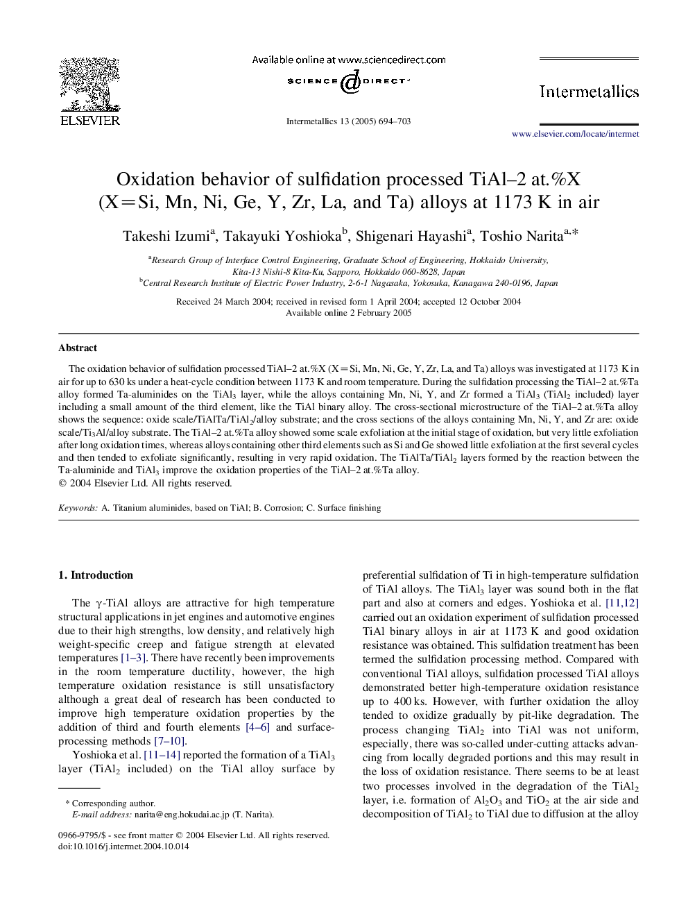 Oxidation behavior of sulfidation processed TiAl-2Â at.%X (X=Si, Mn, Ni, Ge, Y, Zr, La, and Ta) alloys at 1173Â K in air