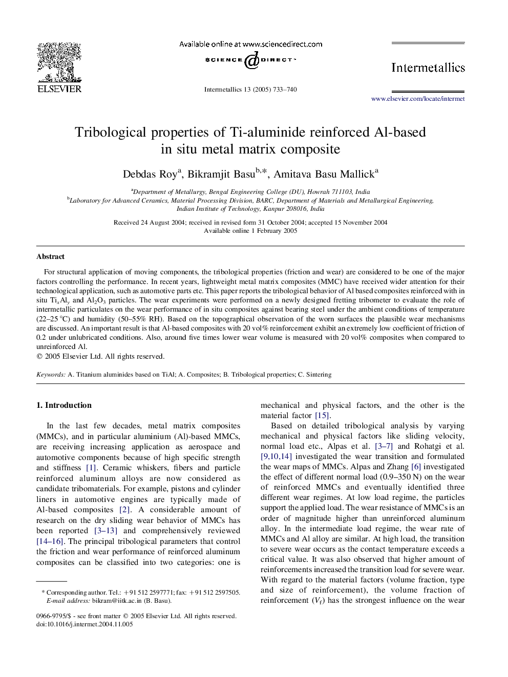 Tribological properties of Ti-aluminide reinforced Al-based in situ metal matrix composite