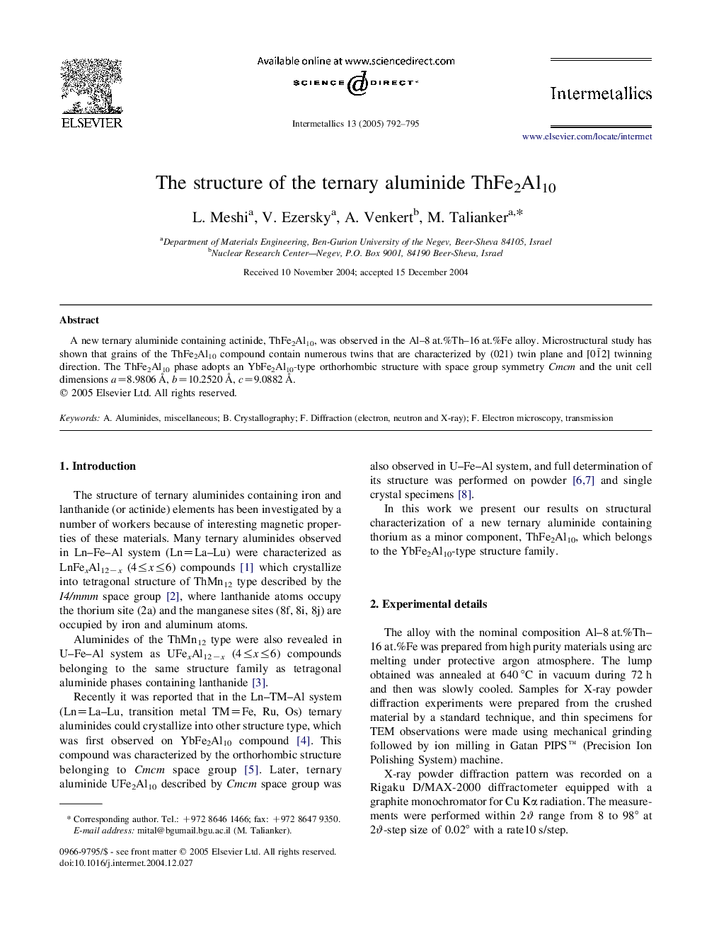 The structure of the ternary aluminide ThFe2Al10
