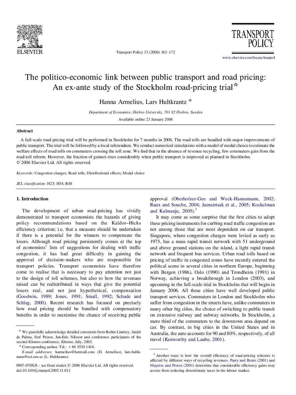 The politico-economic link between public transport and road pricing: An ex-ante study of the Stockholm road-pricing trial 