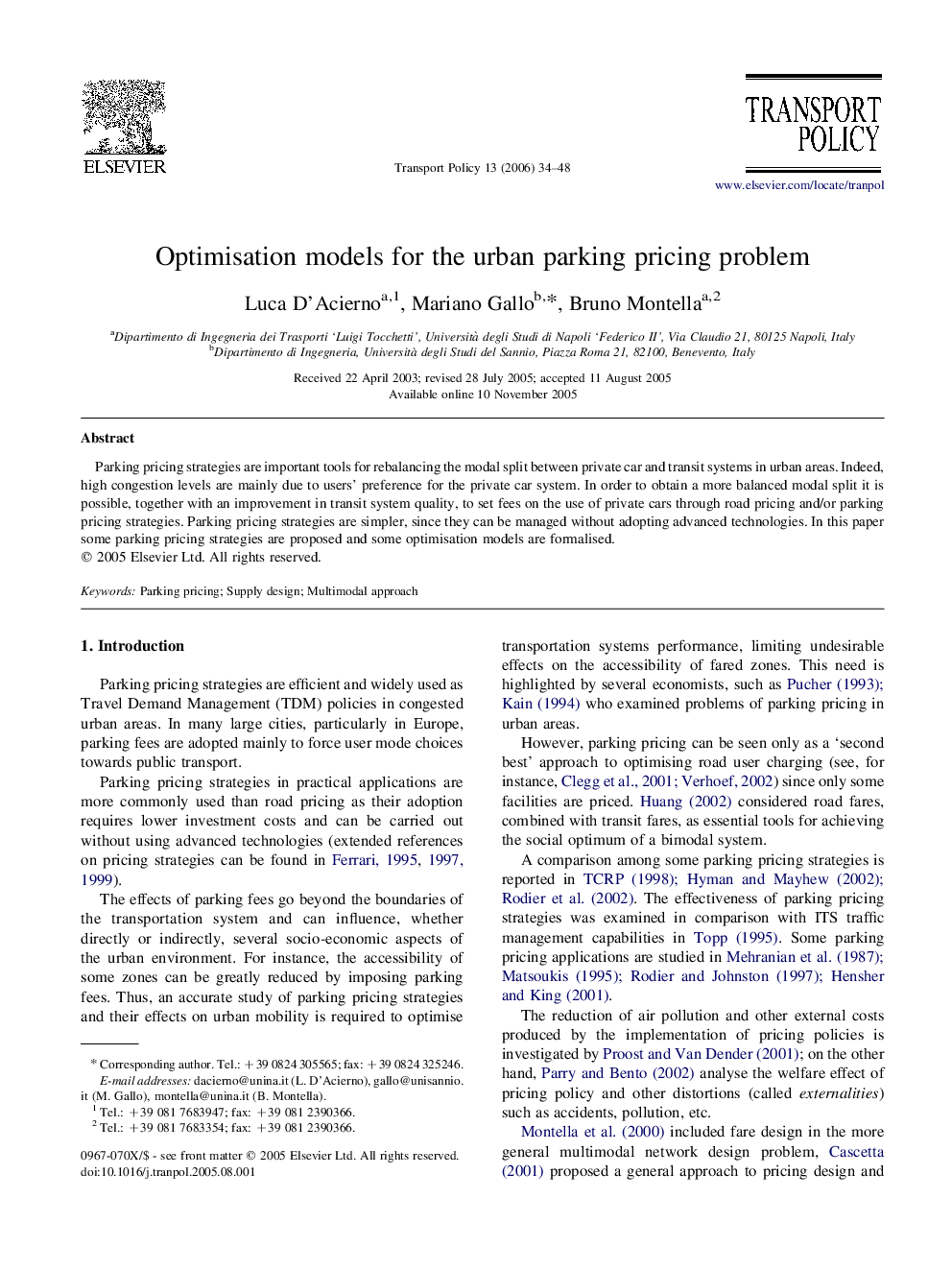 Optimisation models for the urban parking pricing problem