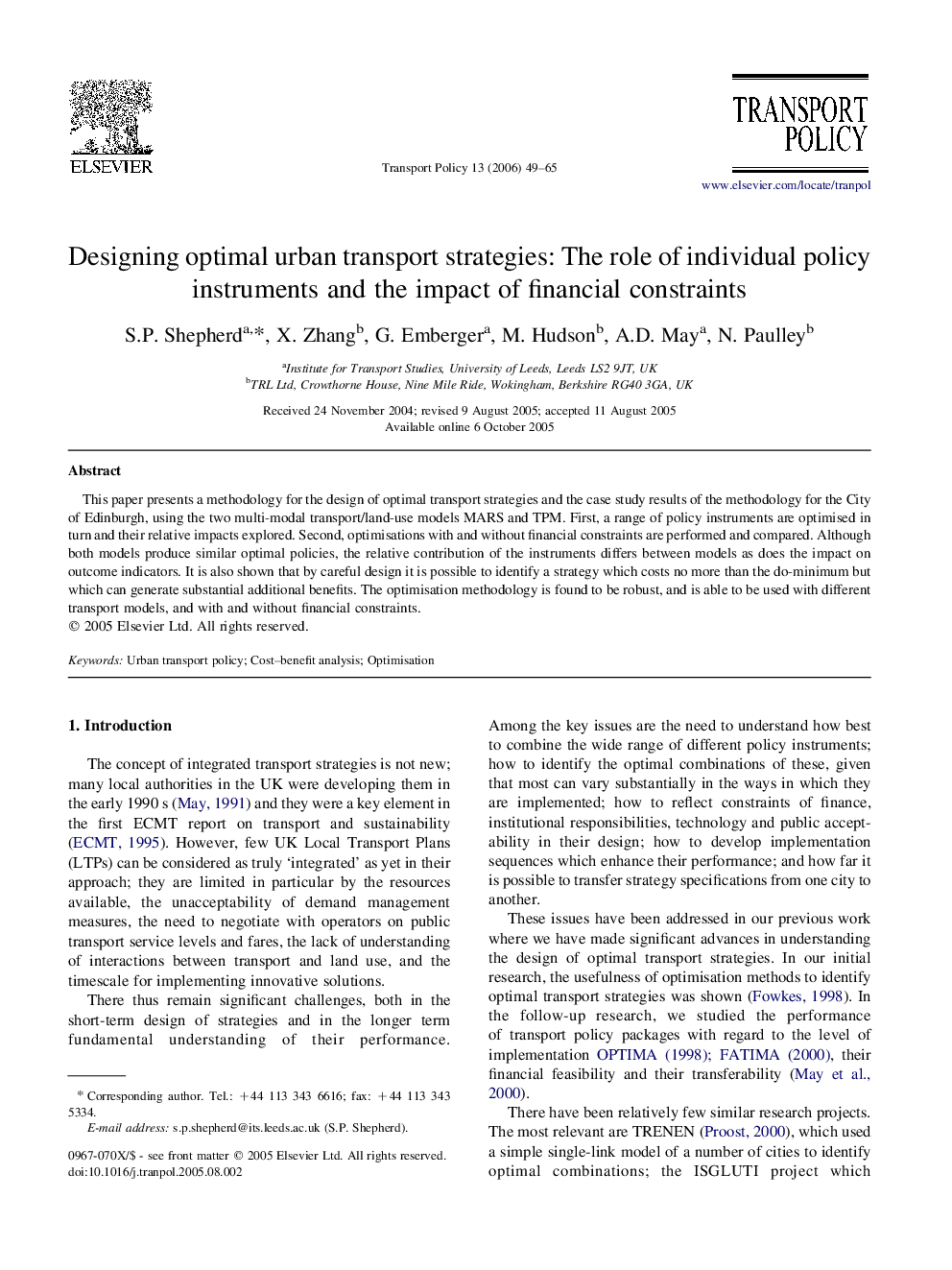 Designing optimal urban transport strategies: The role of individual policy instruments and the impact of financial constraints