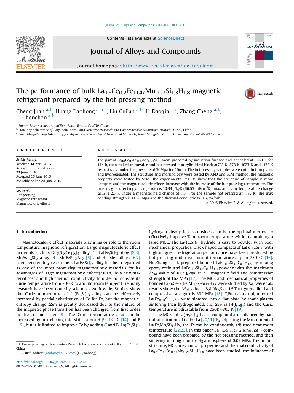 The performance of bulk La0.8Ce0.2Fe11.47Mn0.23Si1.3H1.8 magnetic refrigerant prepared by the hot pressing method