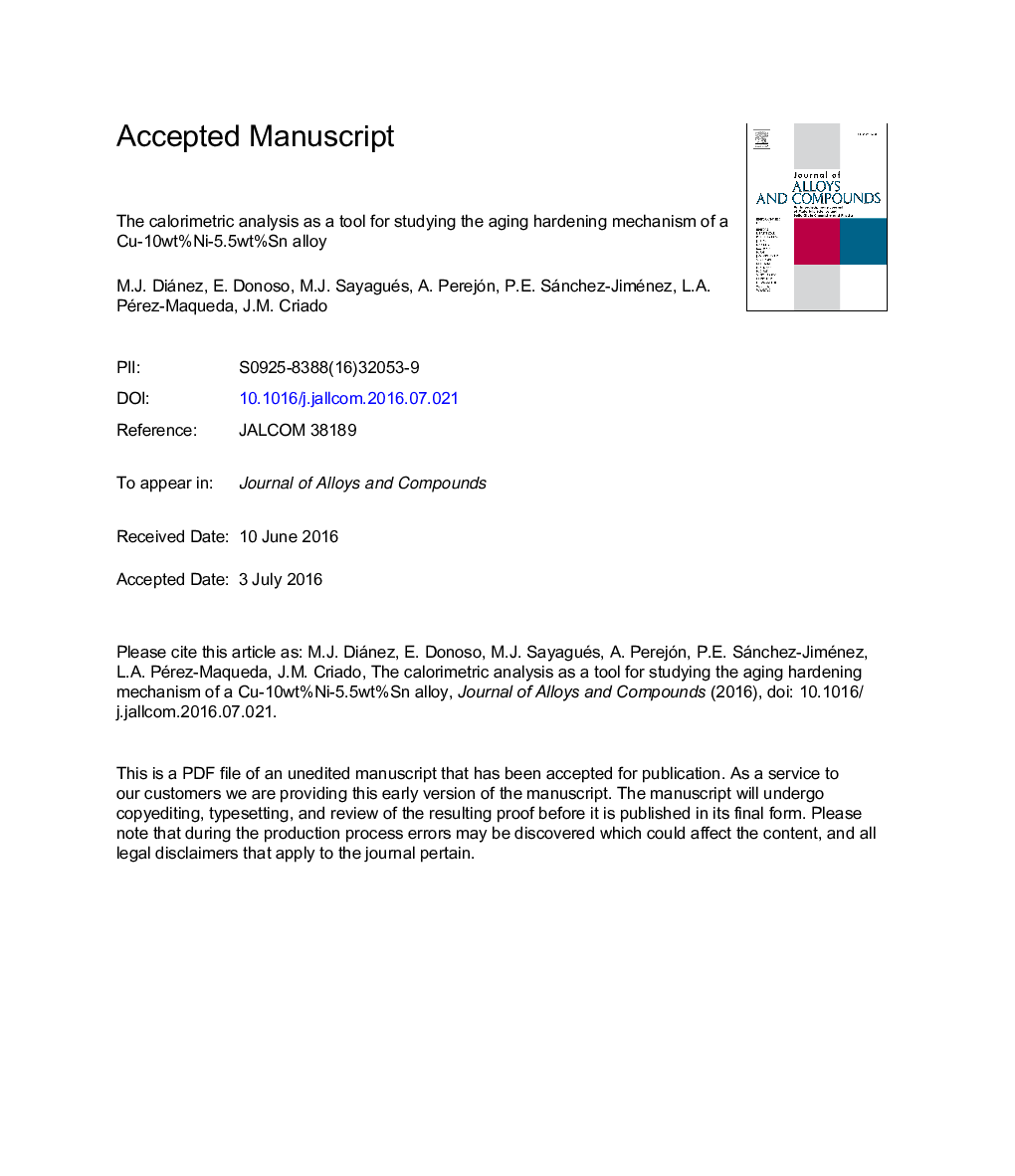 The calorimetric analysis as a tool for studying the aging hardening mechanism of a Cu-10wt%Ni-5.5wt%Sn alloy