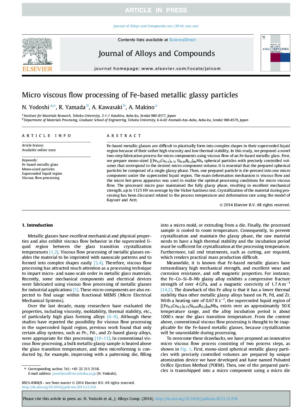 Micro viscous flow processing of Fe-based metallic glassy particles