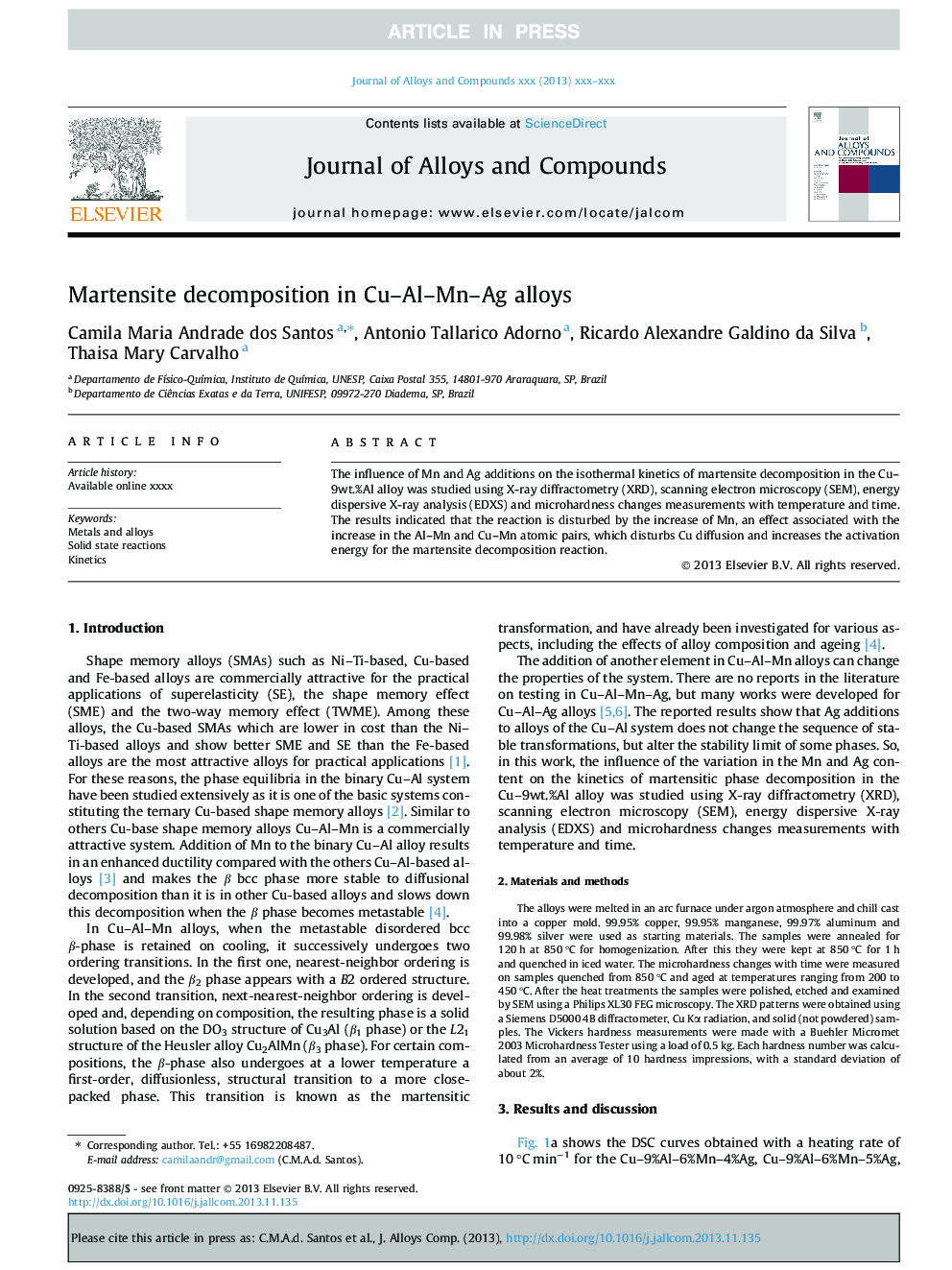 Martensite decomposition in Cu-Al-Mn-Ag alloys