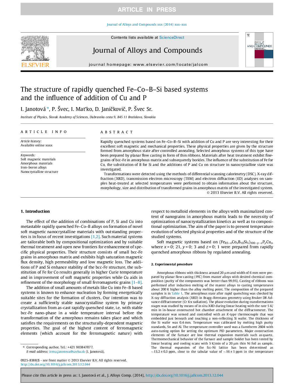 The structure of rapidly quenched Fe-Co-B-Si based systems and the influence of addition of Cu and P