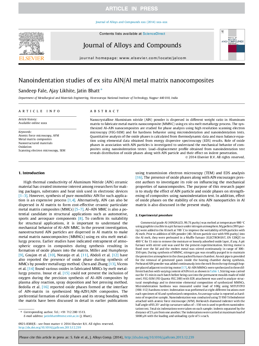 Nanoindentation studies of ex situ AlN/Al metal matrix nanocomposites