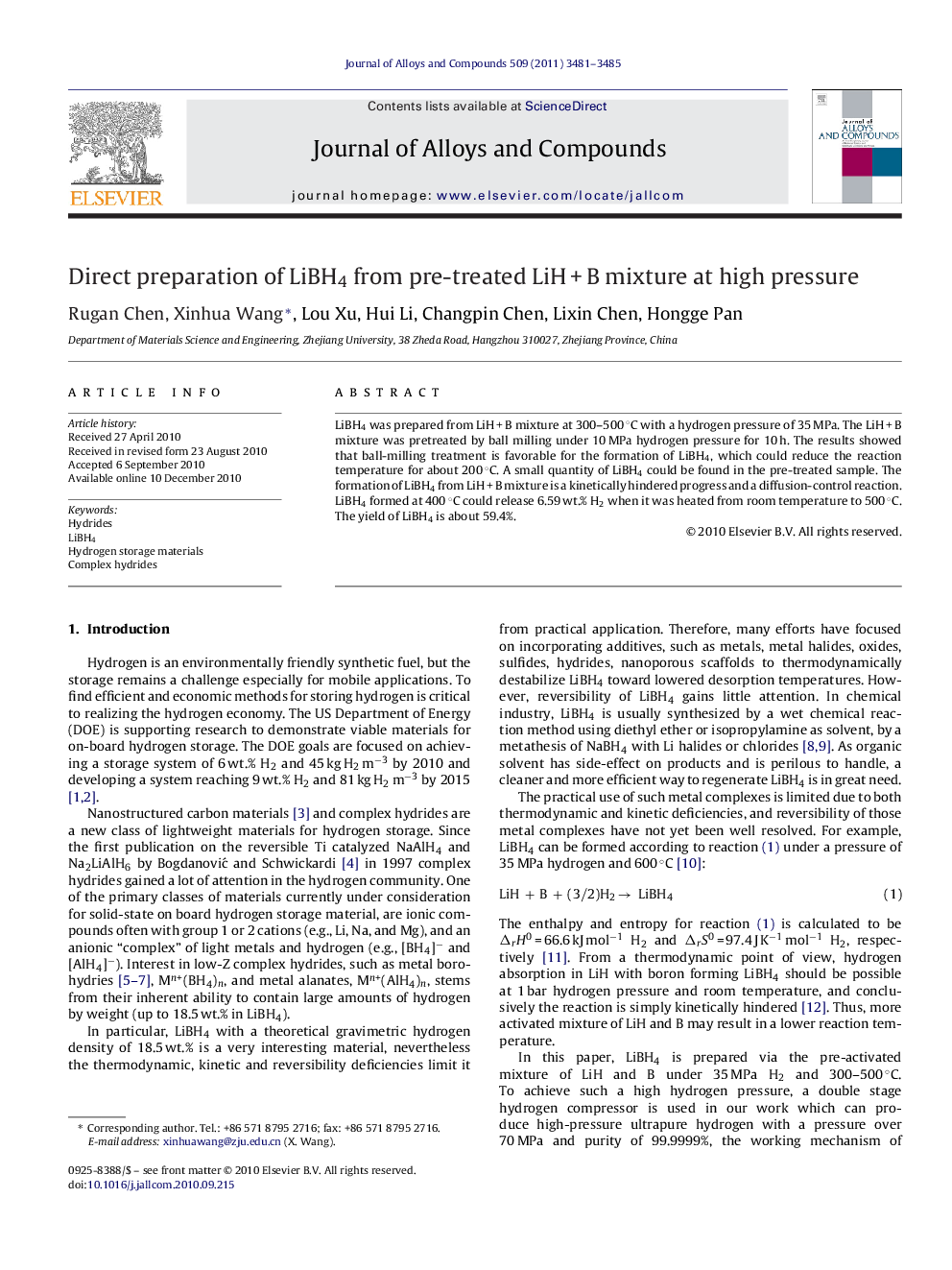 Direct preparation of LiBH4 from pre-treated LiHÂ +Â B mixture at high pressure