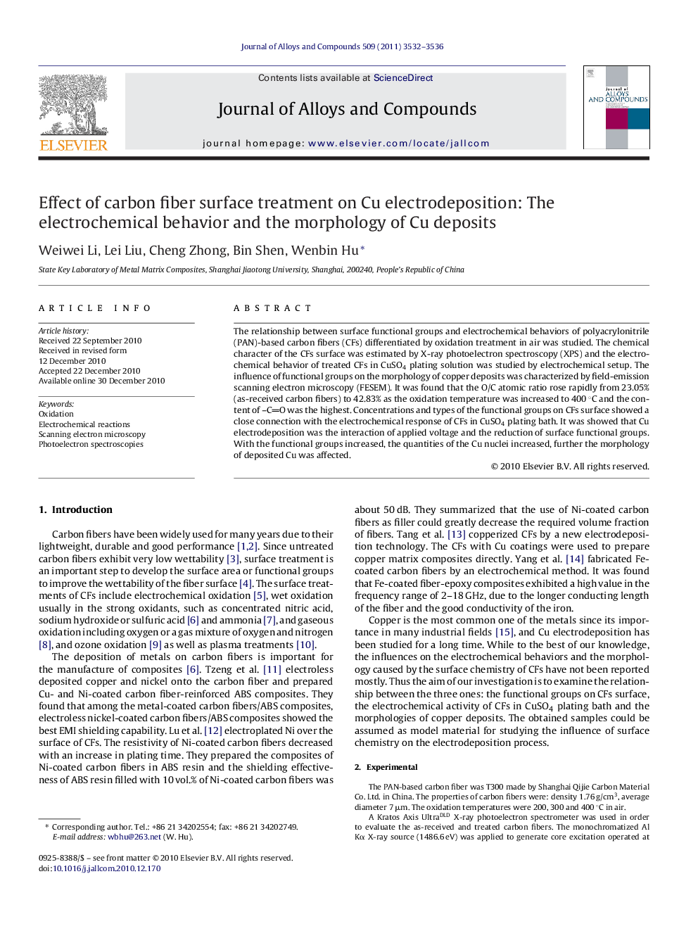 Effect of carbon fiber surface treatment on Cu electrodeposition: The electrochemical behavior and the morphology of Cu deposits