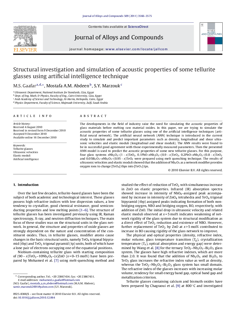 Structural investigation and simulation of acoustic properties of some tellurite glasses using artificial intelligence technique