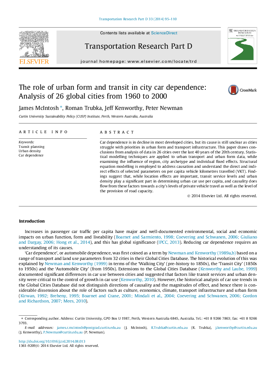 The role of urban form and transit in city car dependence: Analysis of 26 global cities from 1960 to 2000