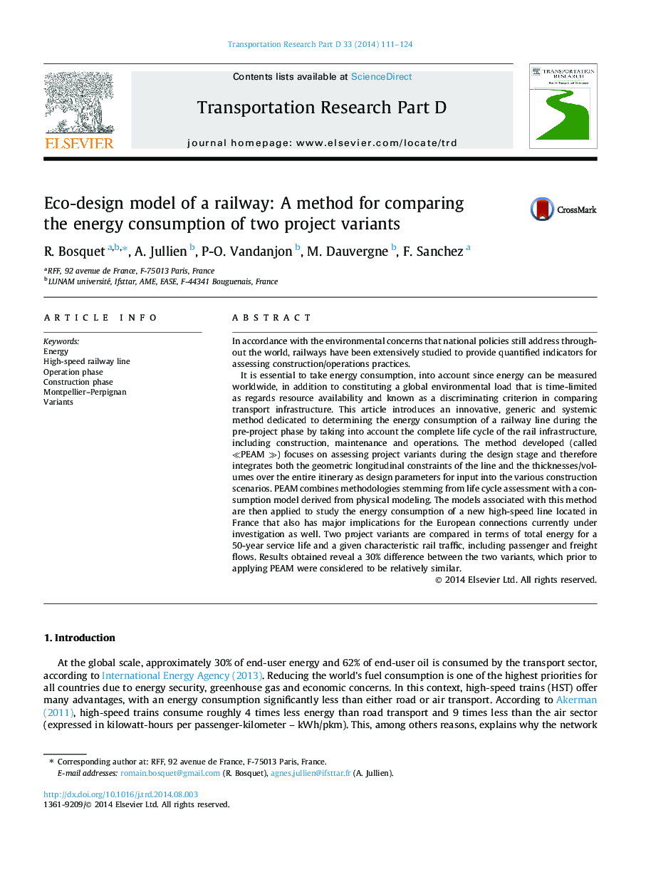 Eco-design model of a railway: A method for comparing the energy consumption of two project variants