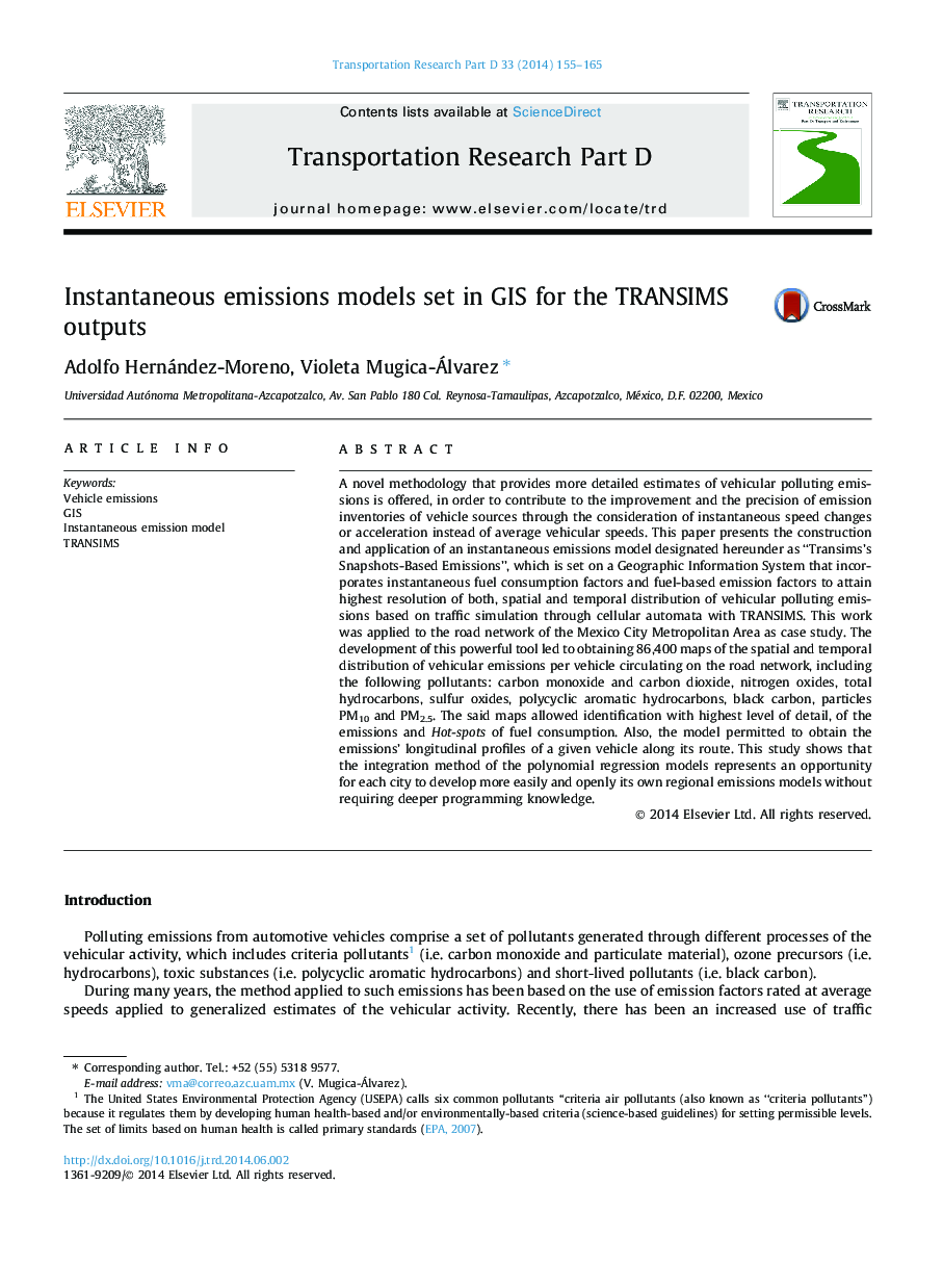 Instantaneous emissions models set in GIS for the TRANSIMS outputs