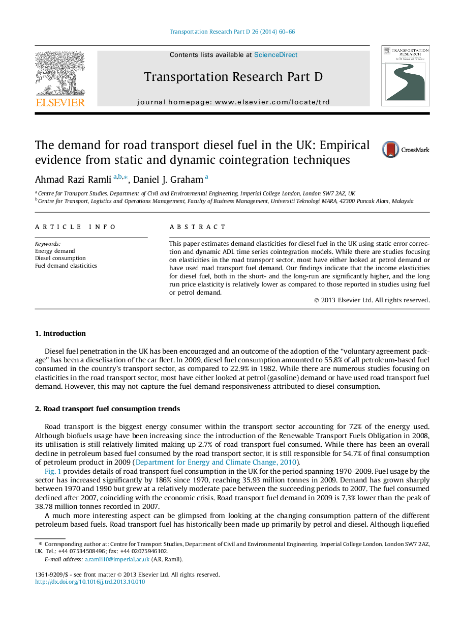 The demand for road transport diesel fuel in the UK: Empirical evidence from static and dynamic cointegration techniques