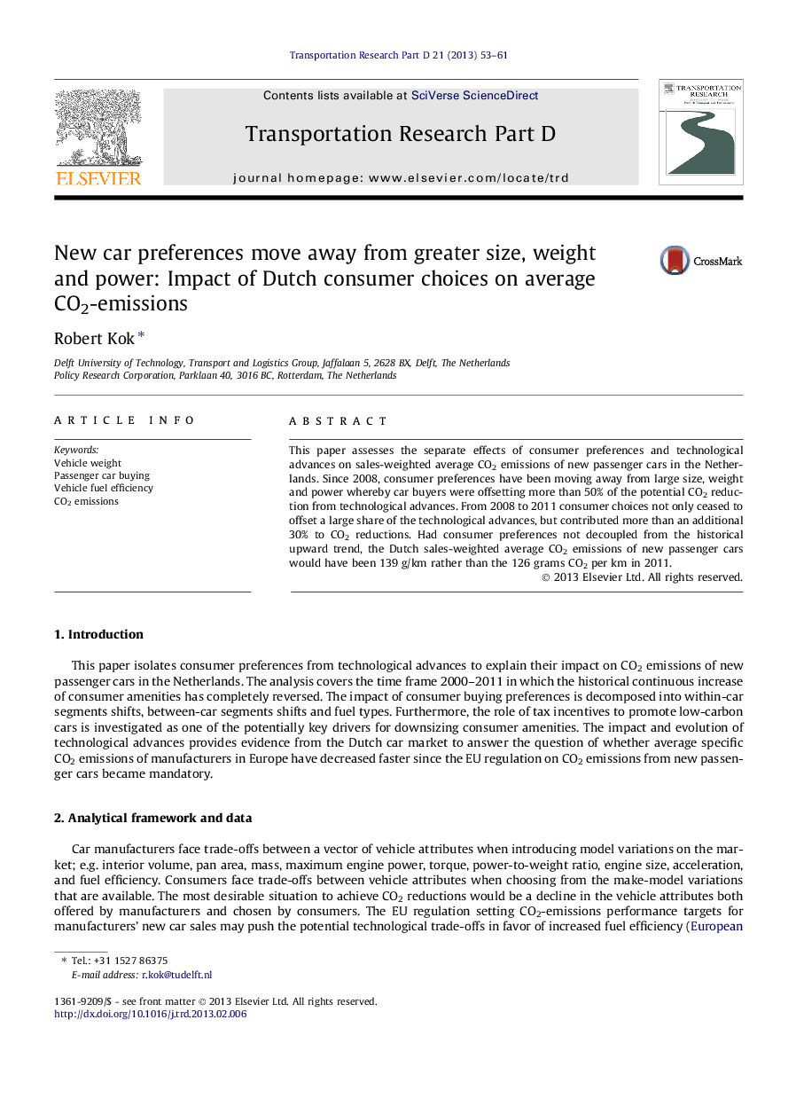 New car preferences move away from greater size, weight and power: Impact of Dutch consumer choices on average CO2-emissions