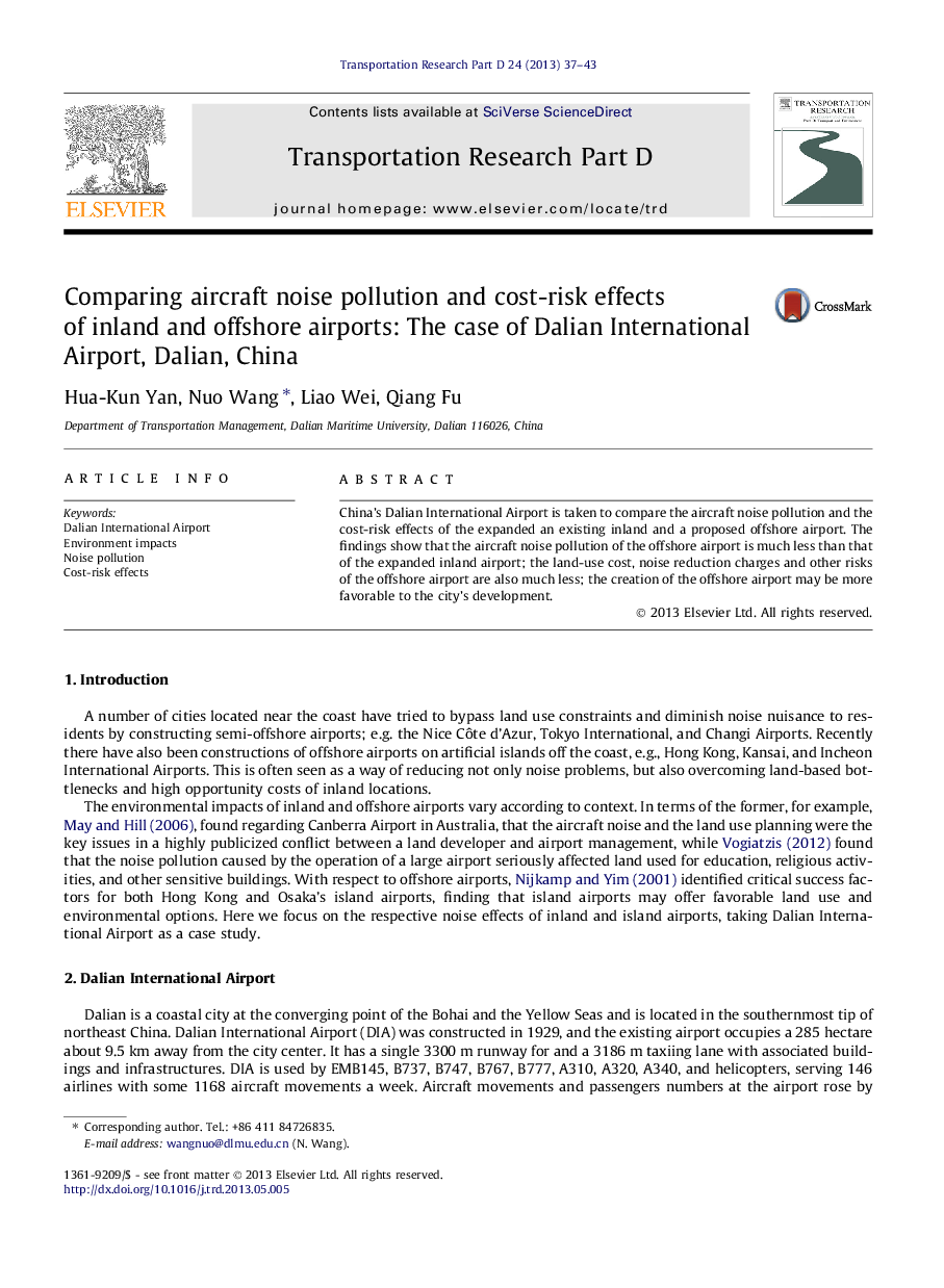 Comparing aircraft noise pollution and cost-risk effects of inland and offshore airports: The case of Dalian International Airport, Dalian, China