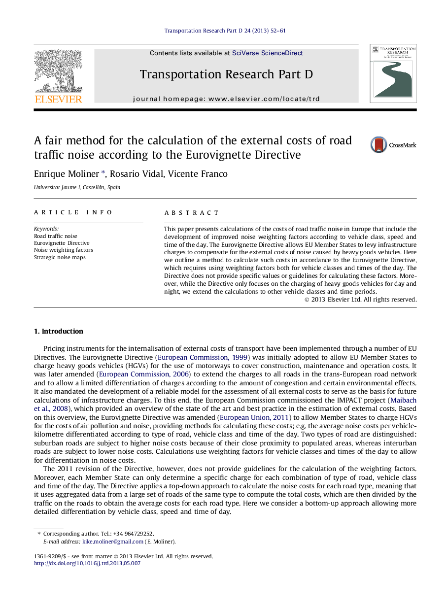 A fair method for the calculation of the external costs of road traffic noise according to the Eurovignette Directive