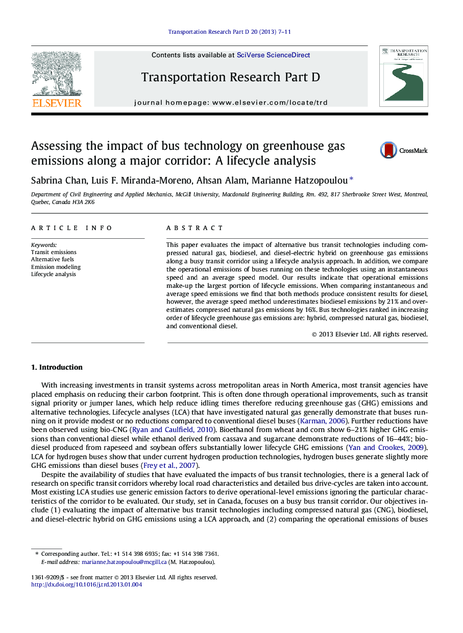 Assessing the impact of bus technology on greenhouse gas emissions along a major corridor: A lifecycle analysis