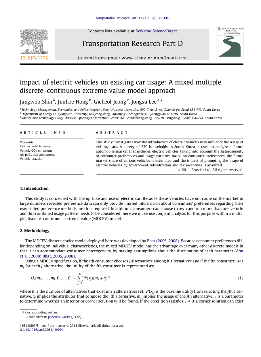 Impact of electric vehicles on existing car usage: A mixed multiple discrete–continuous extreme value model approach