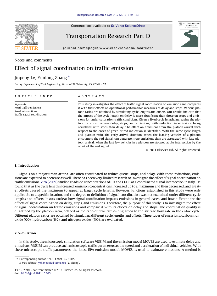 Effect of signal coordination on traffic emission