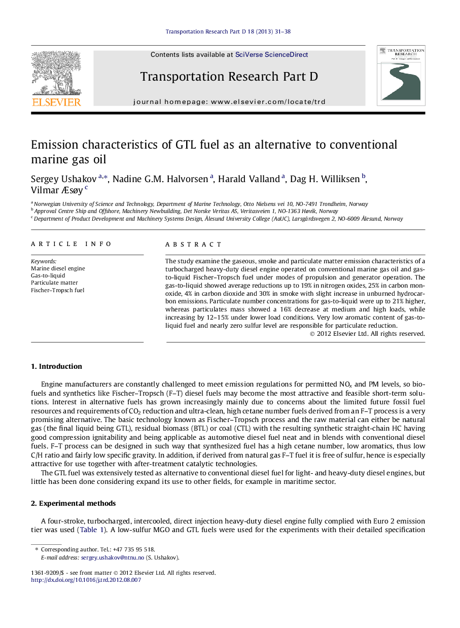 Emission characteristics of GTL fuel as an alternative to conventional marine gas oil