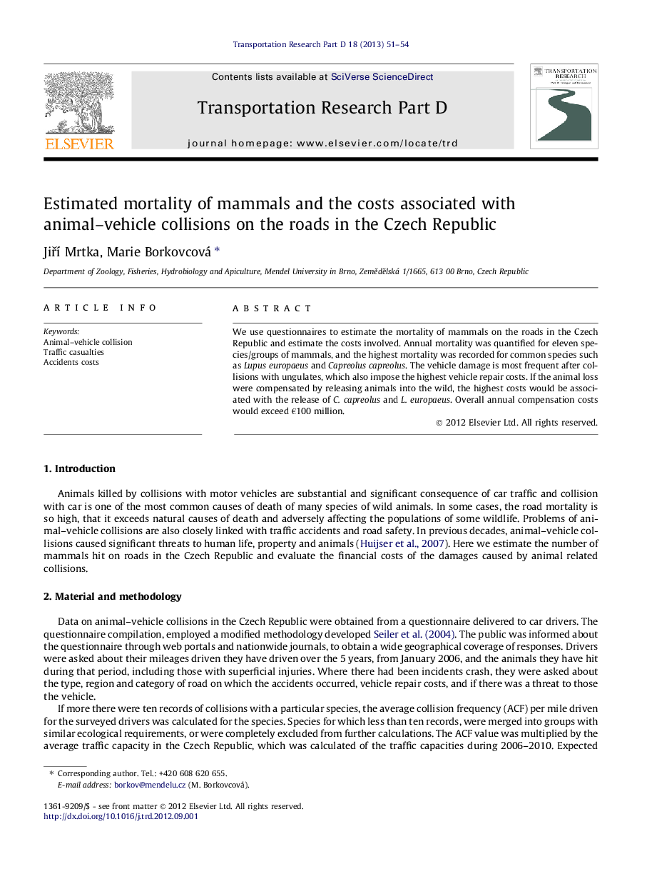 Estimated mortality of mammals and the costs associated with animal–vehicle collisions on the roads in the Czech Republic