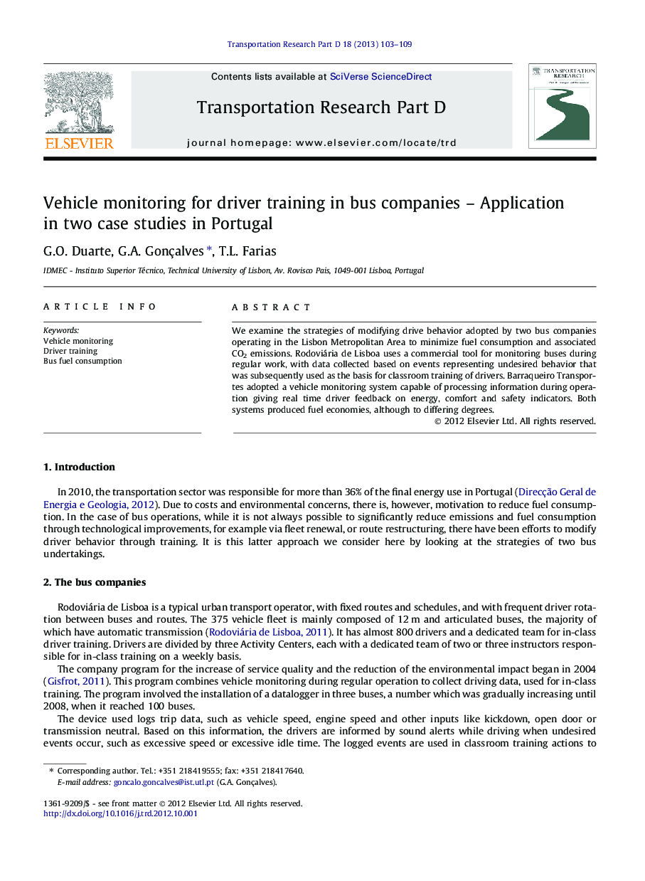 Vehicle monitoring for driver training in bus companies – Application in two case studies in Portugal