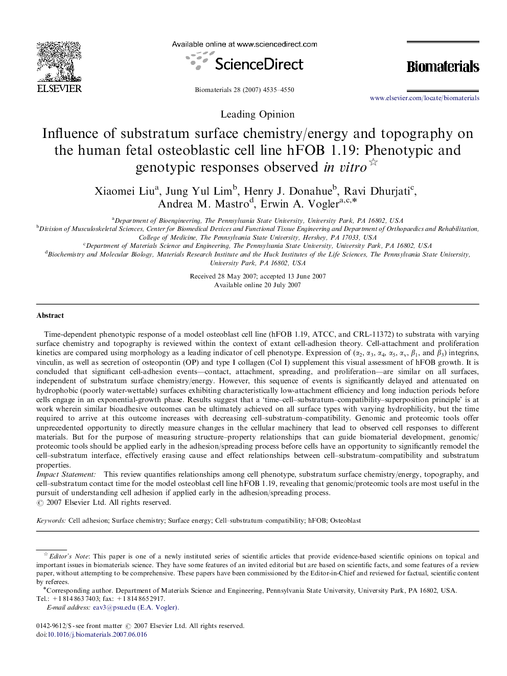 Influence of substratum surface chemistry/energy and topography on the human fetal osteoblastic cell line hFOB 1.19: Phenotypic and genotypic responses observed in vitro 