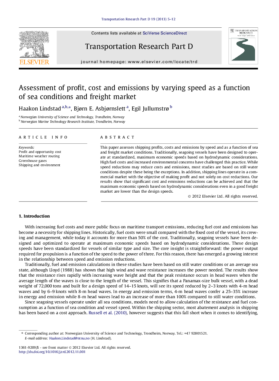 Assessment of profit, cost and emissions by varying speed as a function of sea conditions and freight market