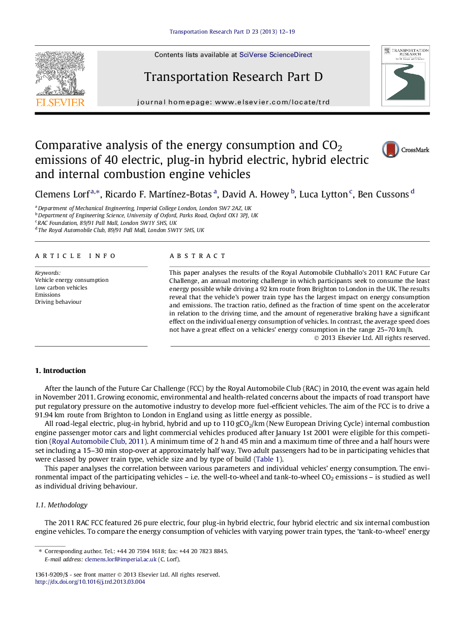 Comparative analysis of the energy consumption and CO2 emissions of 40 electric, plug-in hybrid electric, hybrid electric and internal combustion engine vehicles