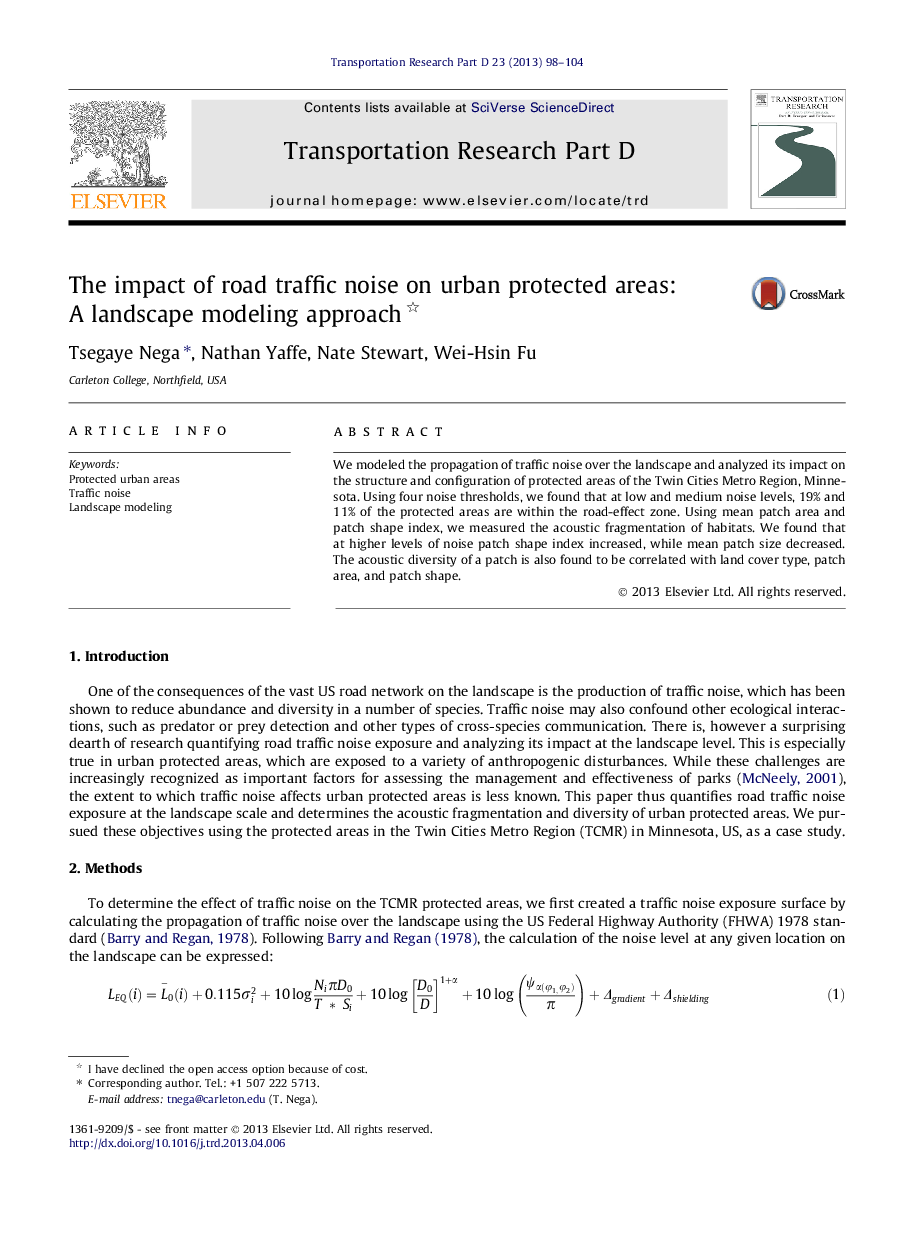 The impact of road traffic noise on urban protected areas: A landscape modeling approach