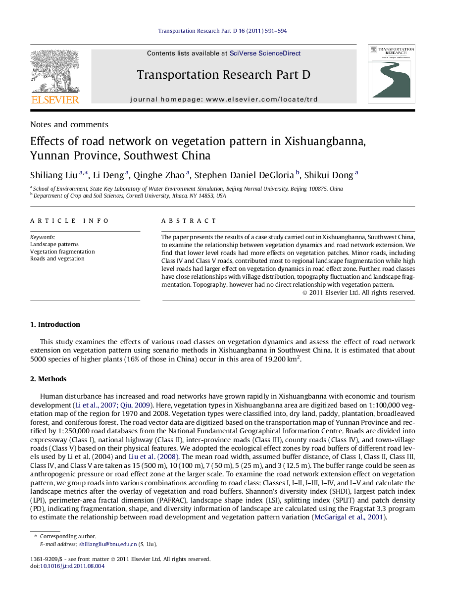 Effects of road network on vegetation pattern in Xishuangbanna, Yunnan Province, Southwest China