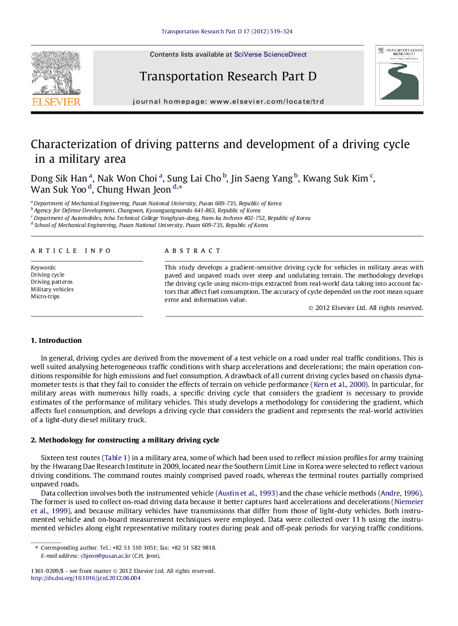 Characterization of driving patterns and development of a driving cycle in a military area