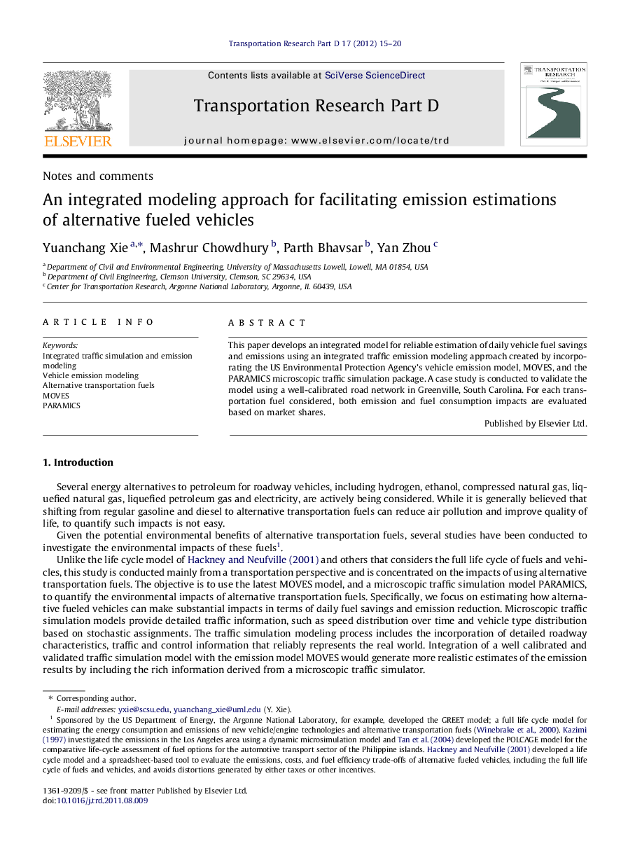 An integrated modeling approach for facilitating emission estimations of alternative fueled vehicles