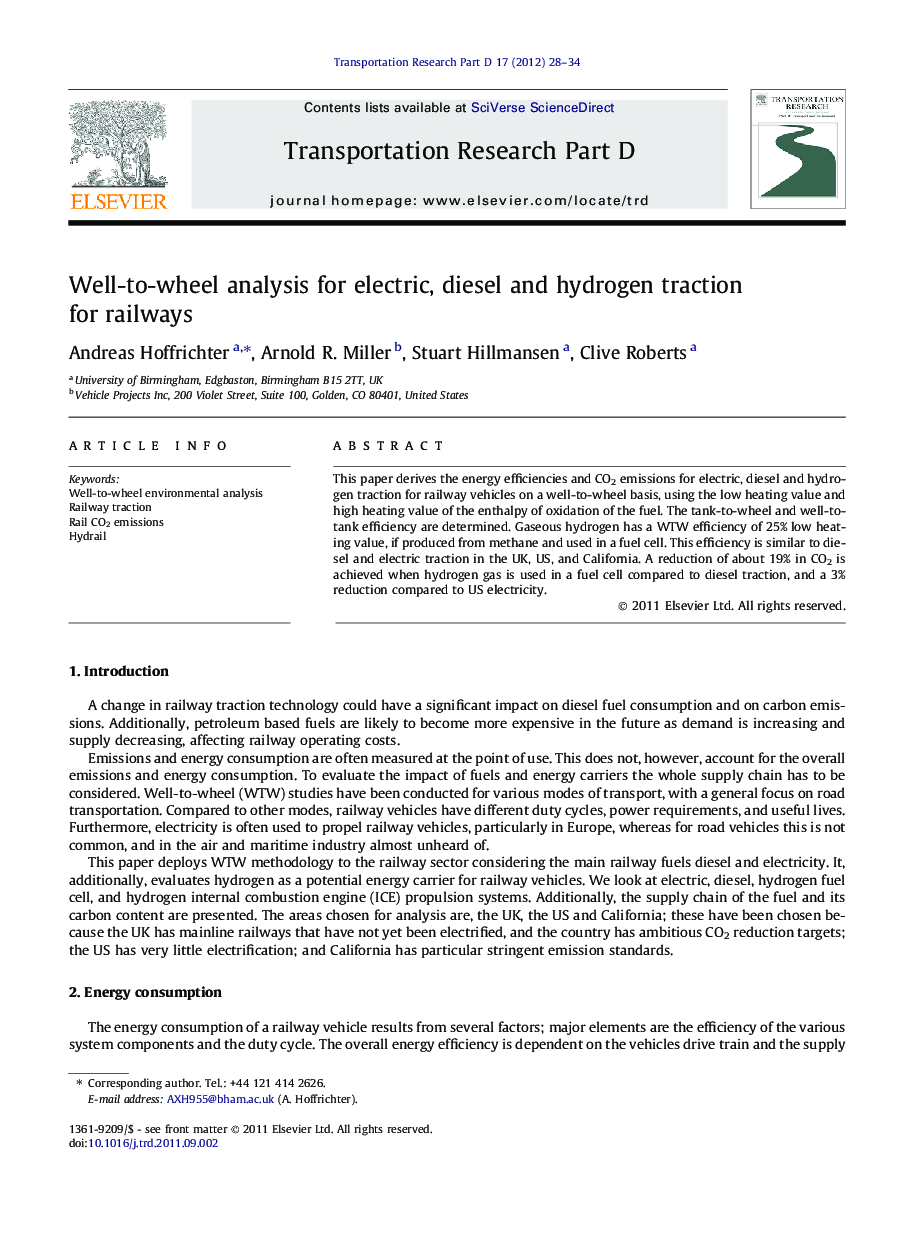 Well-to-wheel analysis for electric, diesel and hydrogen traction for railways