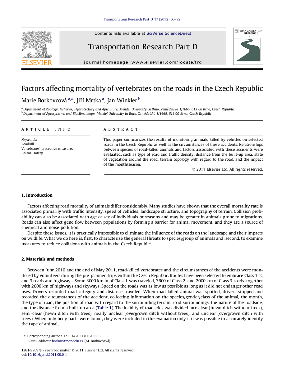 Factors affecting mortality of vertebrates on the roads in the Czech Republic