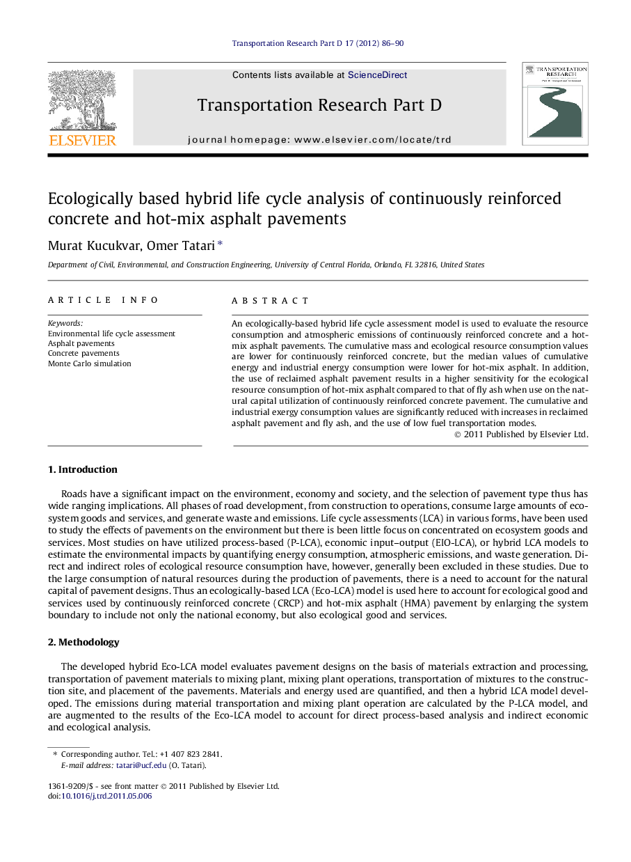 Ecologically based hybrid life cycle analysis of continuously reinforced concrete and hot-mix asphalt pavements