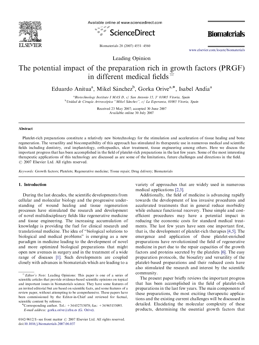 The potential impact of the preparation rich in growth factors (PRGF) in different medical fields 