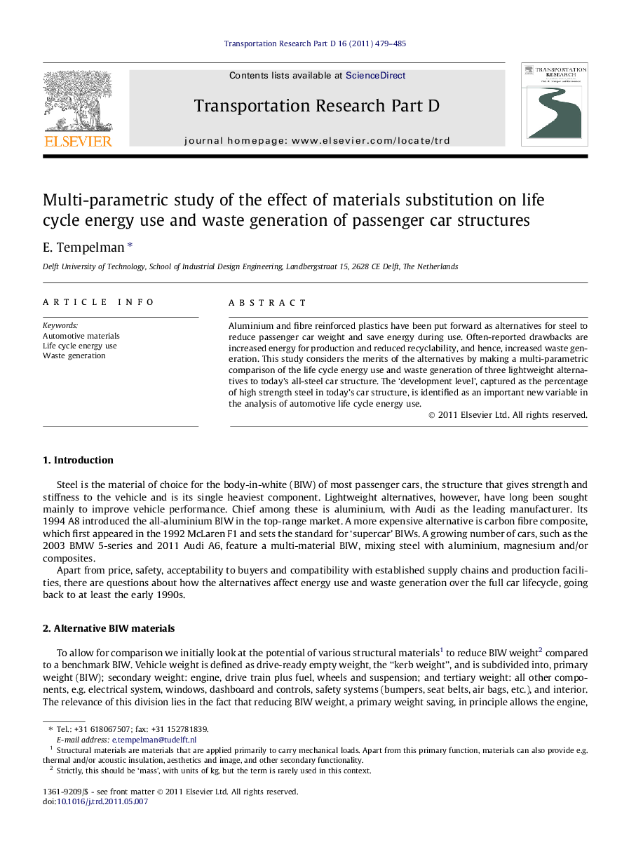 Multi-parametric study of the effect of materials substitution on life cycle energy use and waste generation of passenger car structures