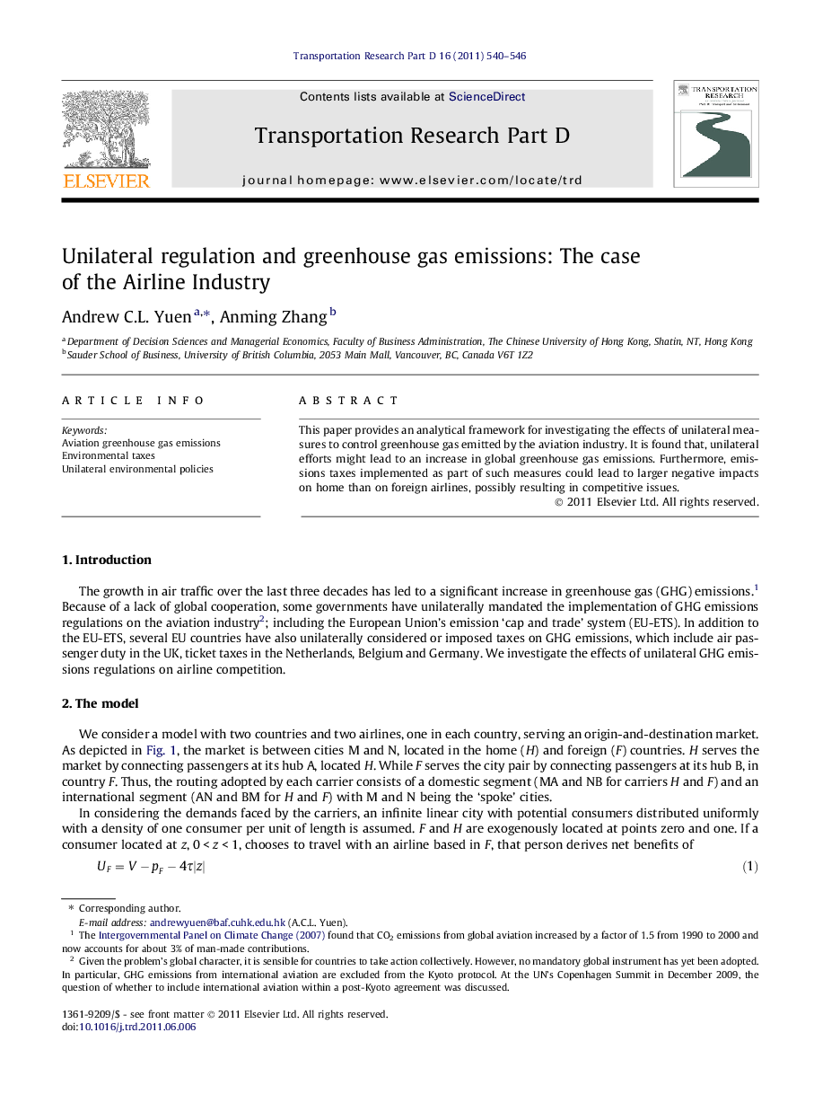 Unilateral regulation and greenhouse gas emissions: The case of the Airline Industry